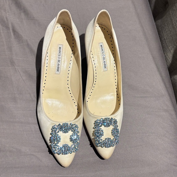Manolo Blahnik Blue Crystal Cream Heels